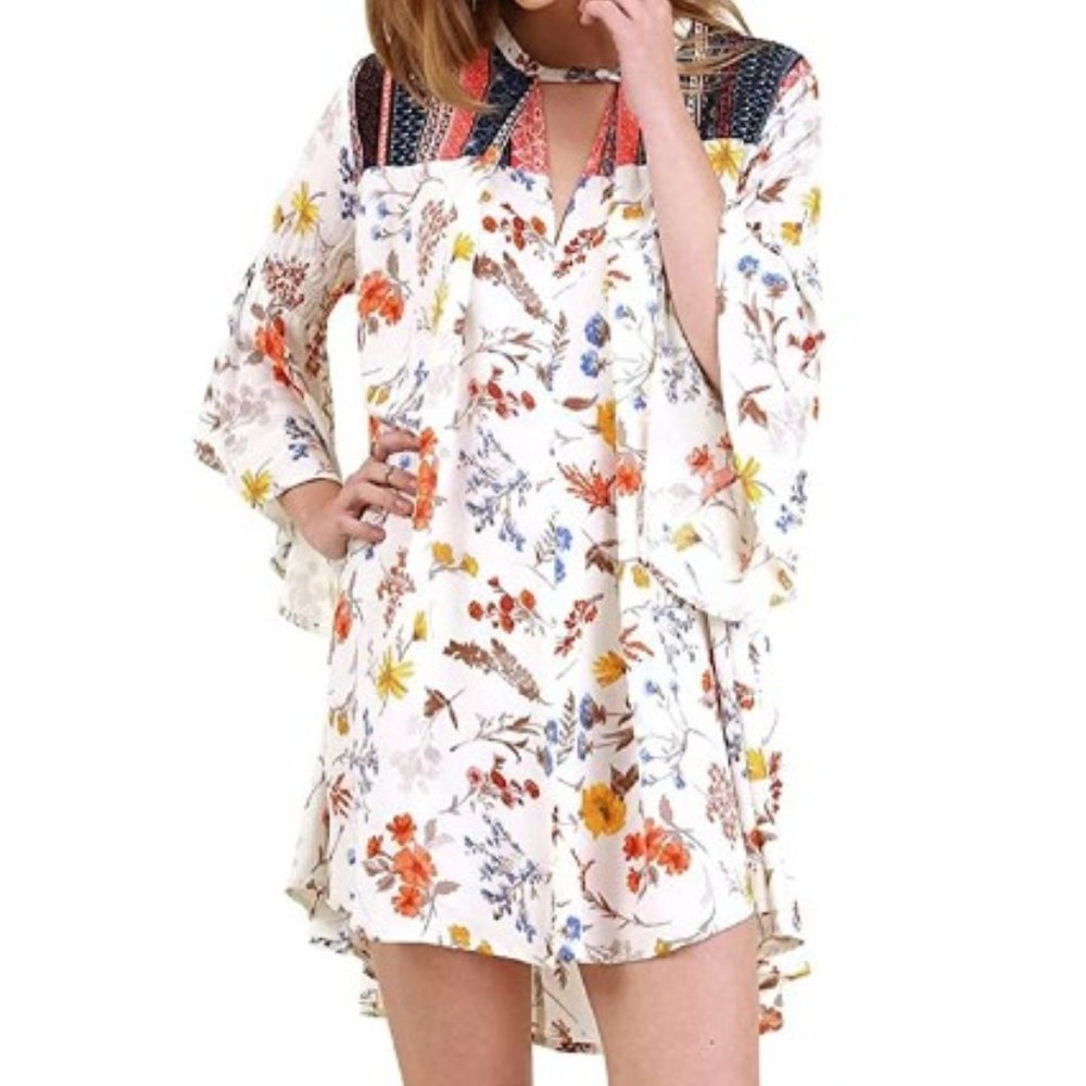 Umgee White Floral High-Low Dress with Navy Yoke